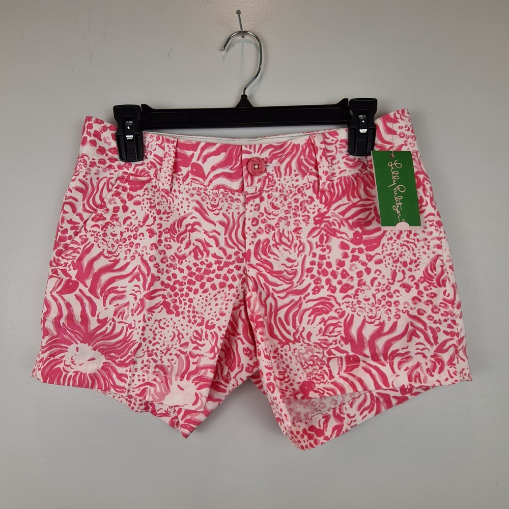Lilly Pulitzer Callahan Shorts Womens 0 Pink White Animal Print Chino Cotton NWT